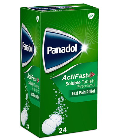 A green box of Panadol Actifast Soluble Tablets (24 Tablets) showcases Paracetamol and Fast Pain Relief, with an image of dissolving tablets for quick relief when needed.