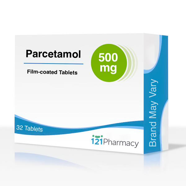 A white box of Paracetamol 500mg (32 Tablets), labeled Brand May Vary, with blue accents and i2i Pharmacy logo on the front, for pain relief.