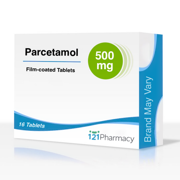 Box of 16 film-coated tablets, Paracetamol 500mg from 121 Pharmacy, features a blue and white design. This trusted pain reliever is ideal for headaches. The side text reads Brand May Vary.