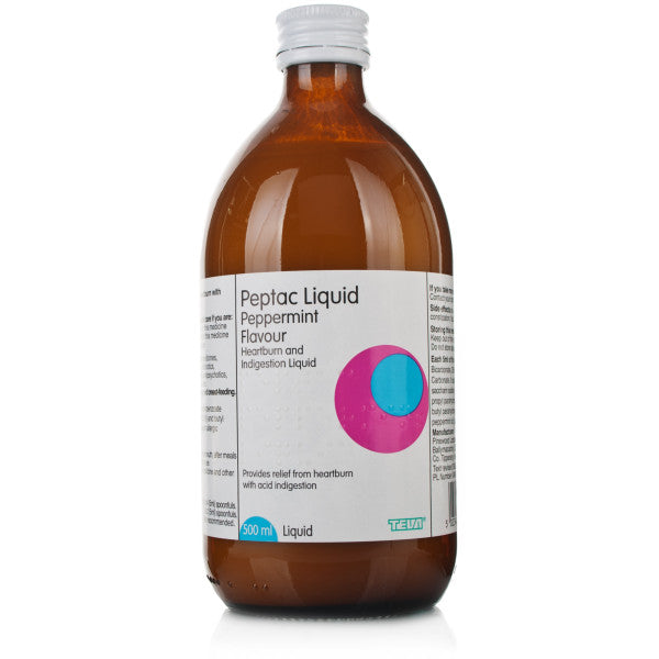 A brown bottle labeled Peptac Peppermint Liquid (500ml) offers heartburn and acid indigestion relief. Featuring a pink and blue circular design, it is an effective antacid solution by Peptac.