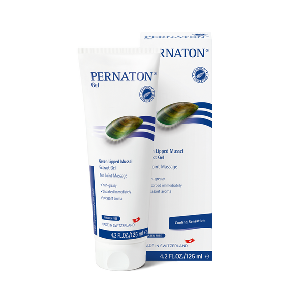 Pernaton Gel (125ml) for joint care, branded by Pernaton, comes in a tube and box featuring a green-lipped mussel image with the label Green Lipped Mussel Extract Gel for Joint Massage. It provides a refreshing cooling sensation.