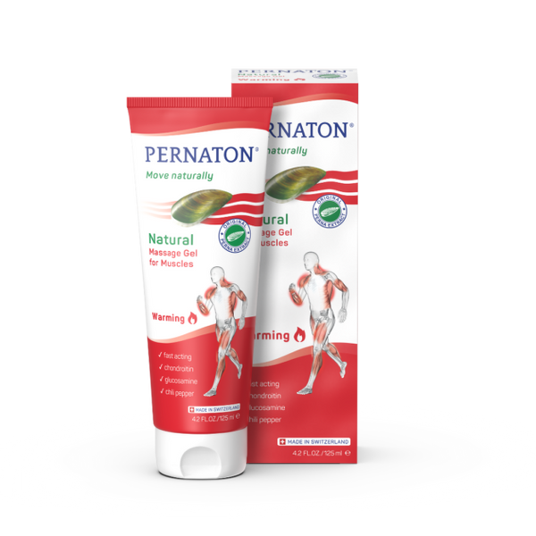 A 125ml tube and box of Pernaton Warming Gel by Pernaton, enriched with green-lipped mussel extract. Packaging shows muscle anatomy, key benefits, and a green leaf symbolizing its muscle relaxation properties.