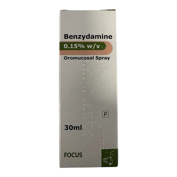 A white box labeled Benzydamine Hydrochloride Oromucosal Spray - Like difflam 0.15% (30ml). The box features braille markings and small icons, including images of a mouth and nose, with the brand name listed as "Brand May Vary" at the bottom. This spray is intended to relieve oral discomfort and is commonly used to soothe conditions such as mouth ulcers.