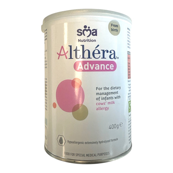 SMA Nutrition’s Althera Advance comes in a 400g can, formulated as an extensively hydrolysed hypoallergenic infant formula for babies with cow’s milk protein allergy. The mostly white label features colorful circles and product information highlighted in purple, pink, and green text.