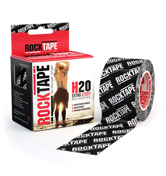 The RockTape Kinesiology Tape H20 Black Logo (5cm x 5cm) features a black design with white branding, highlighting its H2O Extra Sticky water-resistance on the packaging. Featuring athlete imagery, this tape is crafted for athletic support and boosts performance by effectively aiding muscles.