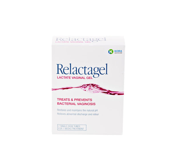 The image shows a box of Relactagel Vaginal Gel (7x5ml Applicators) for feminine intimate care, aimed at treating and preventing bacterial vaginosis, restoring vaginal pH balance, and reducing discomfort with its 7 single-dose tubes for a week-long treatment.