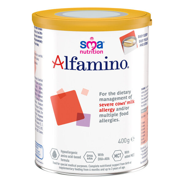 A 400g Sma Nutrition Alfamino can, designed for infants with severe cows milk protein and multiple food allergies. This hypoallergenic, amino acid-based formula from SMA Nutrition includes DHA-ARA and MCT for comprehensive dietary management.