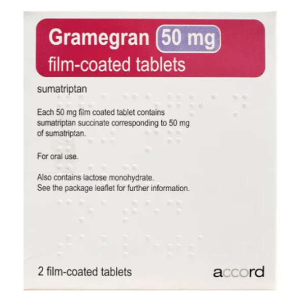 Sumatriptan 50mg Tablets (Brands may vary). Each pack contains 2 tablets for oral migraine relief; includes lactose and braille. Box labeled "Brand May Vary.