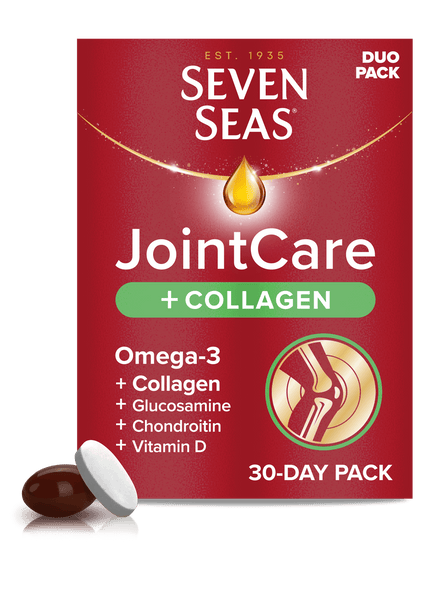Seven Seas Joint Care Collagen DUO pack (30 Capsules/30 Tablets) features a red package with a white pill and red label, designed by Seven Seas to support joint care and mobility.