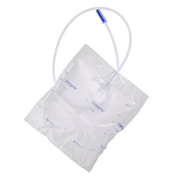 The Ennogen Simpla S5 2-Litre urine drainage bag has measurement markings, a blue capped tube, and Simpla printed on it. It features a convenient lever action outlet tap for efficient fluid collection and monitoring.