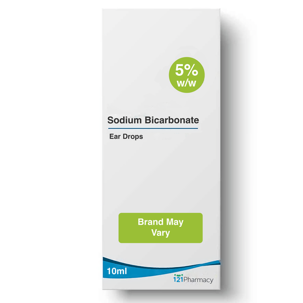 The white box of Sodium Bicarbonate 5% Ear Drops (10ml) is ideal for earwax removal and ear hygiene. It features blue and green accents, and the label states Brand May Vary.