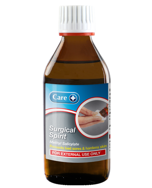 A 75ml Care Surgical Spirit brown bottle features a white cap and blue label with an illustration for skin application. For external use only is in white on red, ideal for sterilizing or treating bed sores.