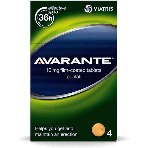 Avarante Tadalafil 10mg Tablets, a pack of 4 film-coated tablets, are PDE5 inhibitors treating erectile dysfunction, lasting up to 36 hours. The box is green with blue and yellow accents and features the Viatris logo at the top right.