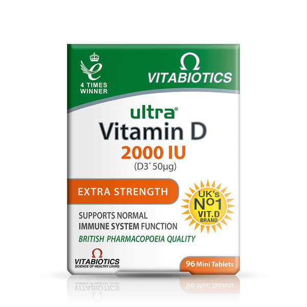 A green and white box of Vitabiotics Ultra Vitamin D 2000 IU Extra Strength offers 96 mini tablets, highlighting its role in supporting calcium absorption and boosting the immune system. It is the UKs number one vitamin D brand.