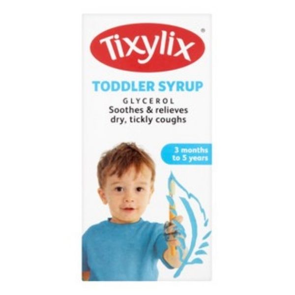 Tixylix Syrup Toddler (100ml) box shows a child in a blue shirt and emphasizes its glycerol content to soothe dry, tickly coughs. Its ideal for children aged 3 months to 5 years for effective cough relief.