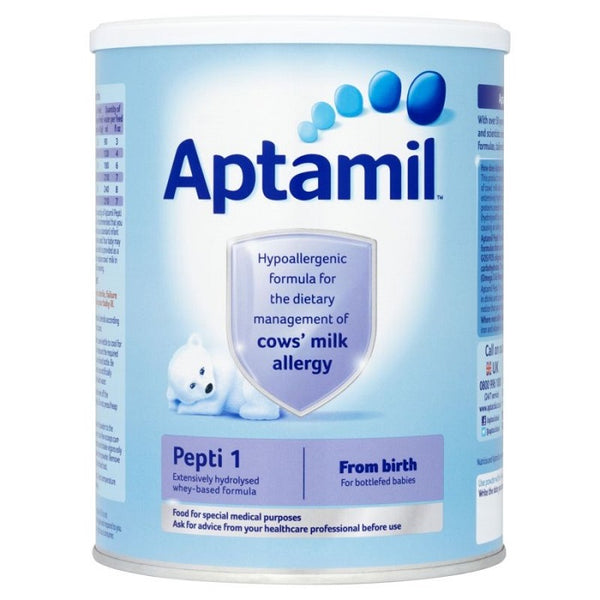 The Aptamil Pepti 1 Tub (800g) by Aptamil features a hypoallergenic extensively hydrolysed formula designed for managing cows milk protein allergy in infants from birth. The label showcases a charming polar bear graphic.