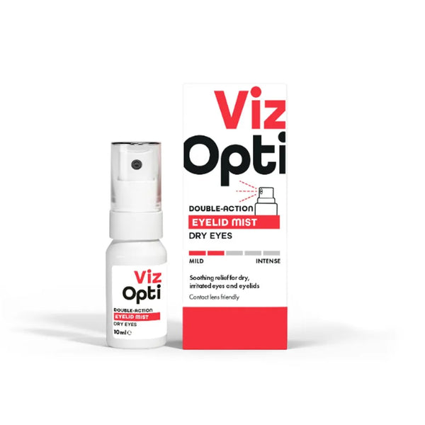 A white bottle and box of VizOpti Double Action Dry Eyes Eyelid Mist (10ml) are shown. The packaging features a predominantly white design with red and black text, highlighting eyelid health. The 10ml VizOpti bottle is positioned next to the upright box.