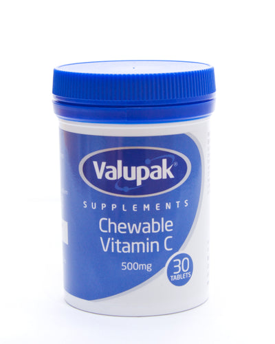 The Valupak Chewable Vit C (30 tabs) by Valupak, in a white container with a blue lid, delivers powerful antioxidants to support daily wellness.