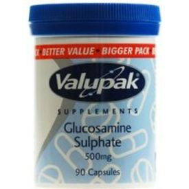 The Valupak Glucosamine Sulphate (90 caps) comes in a plastic container with a blue lid, featuring capsules and a red band with BETTER VALUE - BIGGER PACK. Designed to support joint cartilage, its perfect as a daily supplement.