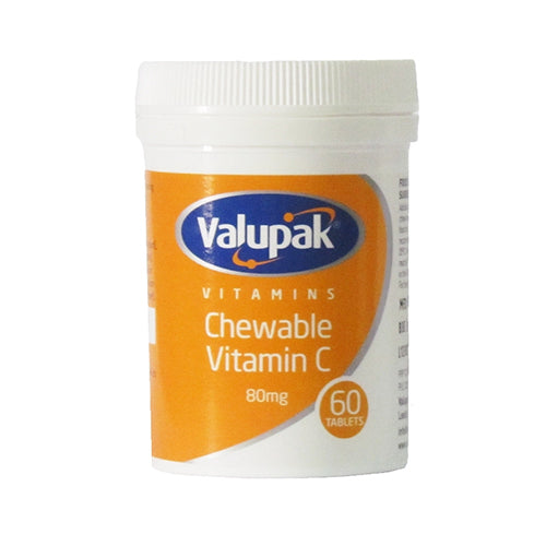 Valupak chewable vitc (60 tabs) is a white plastic bottle with an orange label, containing 60 tablets. Designed to support the immune system and aid in collagen production, it features a secure white plastic lid.