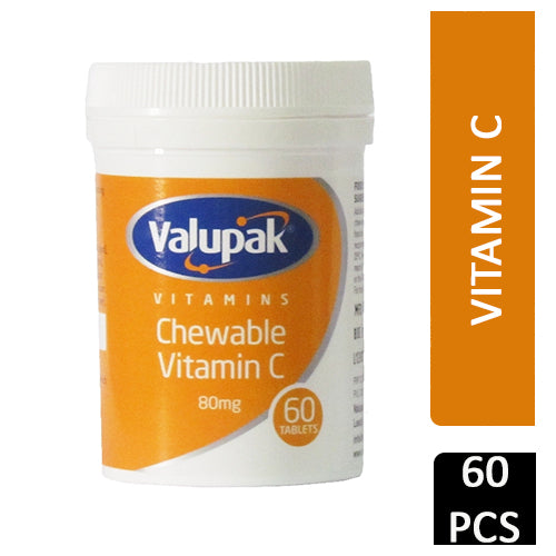 A bottle of Valupak chewable vitc (60 tabs), featuring an orange and white label with a blue Valupak logo, designed for immune support. The orange sidebar reads Vitamin C, while the black section states 60 PCS.