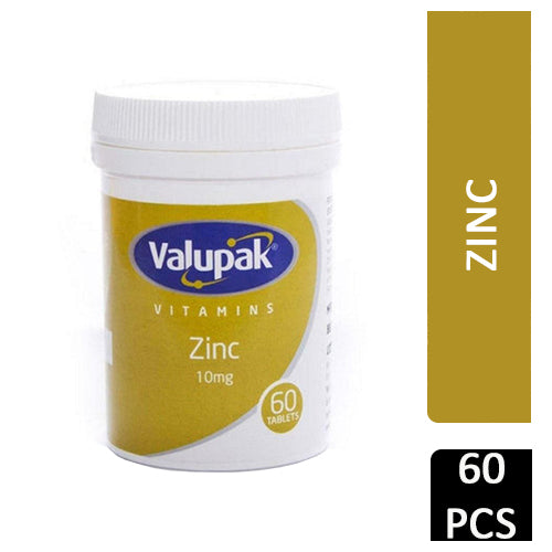 A 60-cap Valupak Zinc 10mg bottle, white plastic with a yellow Valupak logo label, highlights its role in calcium absorption.