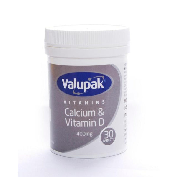 A white plastic container of Valupak Vitamins Supplements, labeled Calcium Vitamin D 400mg, contains 30 tablets. It supports the immune system and has a white lid with a blue and silver label on a plain white background.