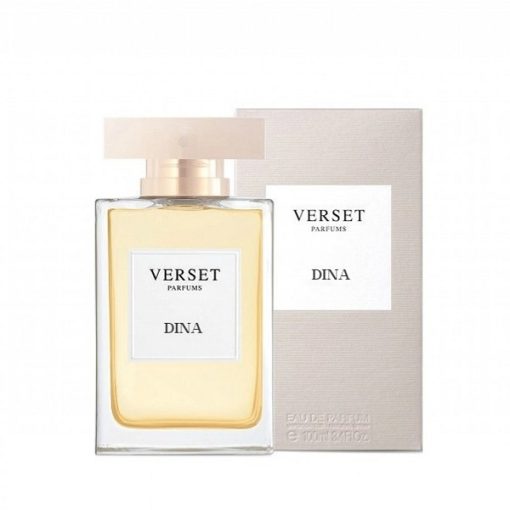 The 100ml Verset Dina womens fragrance, in a rectangular bottle with a gold cap and white label bearing black text, is displayed beside its matching beige box; both the bottle and box are designed elegantly to evoke the scent of aromatic talcum powder.