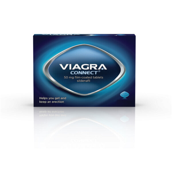 The Pfizer Viagra Connect box, in blue and silver with a blue diamond logo, displays Sildenafil 50mg (2 Tablets) and promotes itself as an erectile dysfunction treatment that aids in getting and maintaining an erection.