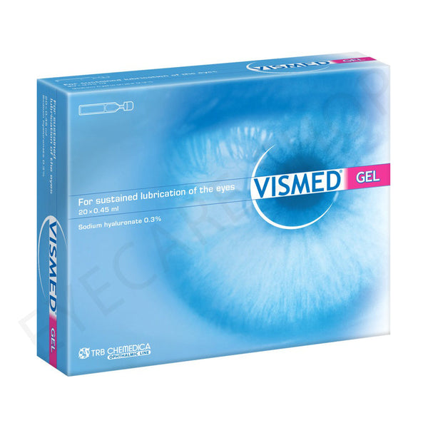 Vismed Single Dose Eye Drops (20 Piece) come in blue and white packaging with an eye image, containing 0.3% sodium hyaluronate for lasting dry eye relief.