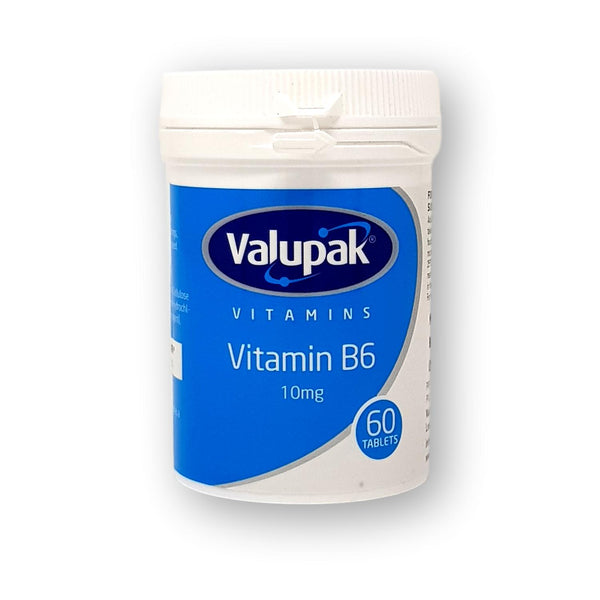Valupak Vitamin B6 (60pack) by Valupak—contains 60 tablets in a white and blue plastic bottle with a white screw cap. Supports nerve and brain function.
