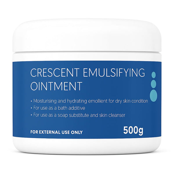 A white 500g container labeled Crescent Emulsifying Ointment by Crescent lists uses: moisturizing, moisture retention, bath additive, and soap substitute. The label states For external use only.
