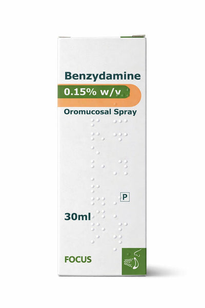 Benzydamine Hydrochloride Oromucosal Spray 0.15% (30ml) by Brand May Vary comes in a white box with green and orange accents, braille text, and a mouth spray icon—ideal for treating mouth ulcers.