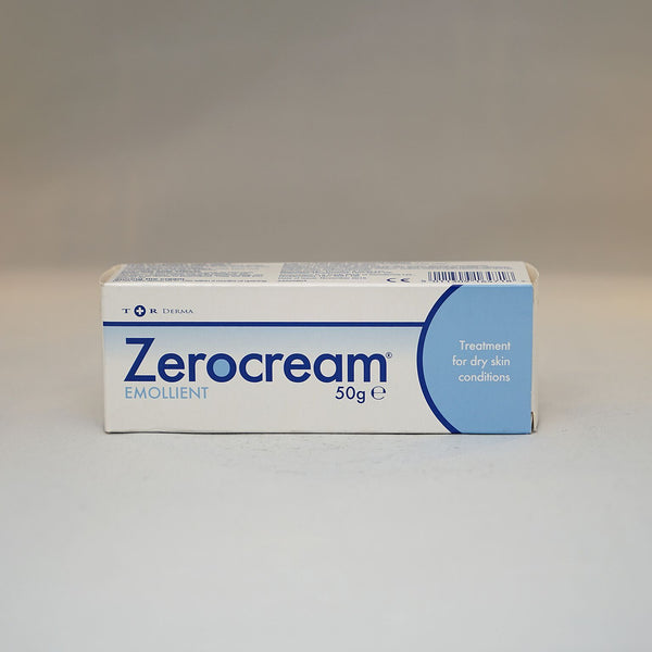 A 50g box of Zerocream by T+R Derma is designed for skincare and dry skin treatment, featuring a blue and white theme with text outlining its benefits.