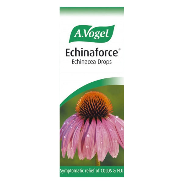 The A.Vogel Echinaforce Echinacea Drops (15ml) packaging displays a pink echinacea flower, emphasizing immune support and febrifuge properties. The label ensures relief from cold and flu symptoms.