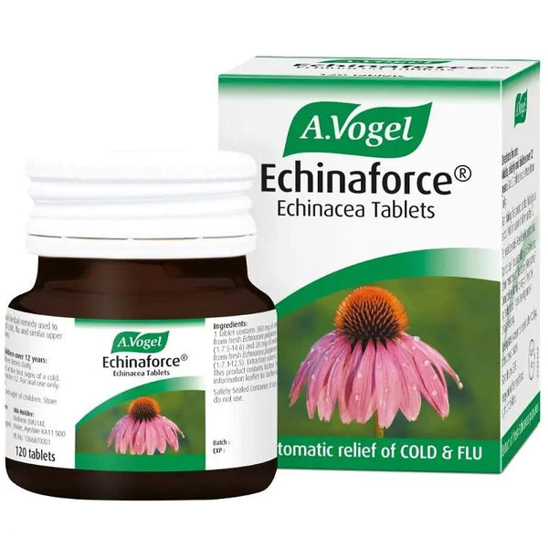 A.Vogel Echinaforce Echinacea (120 Tablets) bottle and box are displayed with a pink echinacea flower, promoting immune system support. This traditional herbal remedy provides relief from cold and flu symptoms.