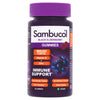 A bottle of Sambucol Immuno Forte - Black Elderberry Gummies (30s) features a purple lid and label highlighting immune support with vitamin C, zinc, and elderberries. Enjoy 30 vegan gummies daily for wellness support from Sambucol.