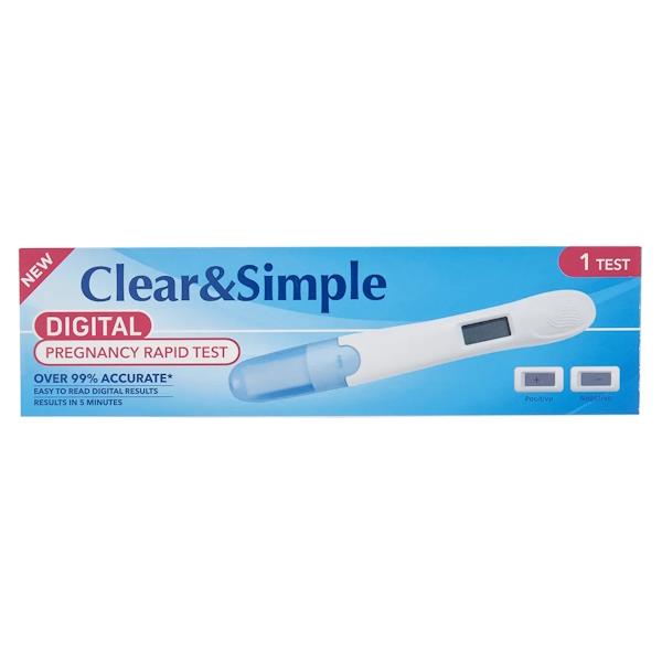 A box of Clear and Simple Digital Pregnancy Test (1) by Clear and Simple, with blue and white packaging, delivers over 99% accuracy by detecting HCG for early pregnancy results in just 5 minutes. Features product image on the pack.