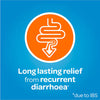 A white intestine icon with a downward arrow inside an orange circle. Text: Fybocalm Diarrhoea Relief (30 capsules) – Long-lasting relief from recurrent diarrhoea* for better digestive health. *Due to IBS. Blue background. Brand: Fybocalm.