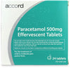 Paracetamol 500mg Effervescent Tablets - Accord (24 Tablets) provide reliable pain and fever relief, with clear dosing and safety instructions indicated on the packaging.