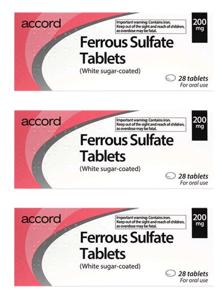 Ferrous Sulfate 200mg Tablets - Accord Brand (3 x 28 tablets) provides oral iron supplementation for anemia. Pack includes warnings about iron overdose risks. Each pack contains three boxes of 28 white sugar-coated tablets.