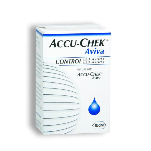 The Accu-Chek Aviva Control Solution (2x2.5ml) by Accu-Chek is ideal for maintaining your glucose meters accuracy. It has a white box with blue text, a droplet graphic, and includes Level 1 and Level 2 solutions. The Roche logo is at the bottom right.