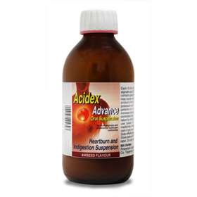 A 500ml brown bottle of Acidex Advance Aniseed Liquid features a red cap and highlights its aniseed flavor, heartburn prevention, and indigestion relief against a plain white background.