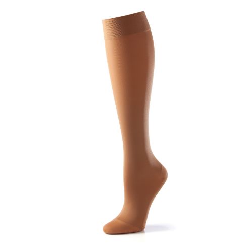 Activa Class 1 Below Knee - Closed Toe 1 Small (Sand) stockings by Activa are displayed upright against a white backdrop. These elastic knee-highs offer gentle compression and feature a reinforced top band, enhancing blood circulation for medical or support purposes.