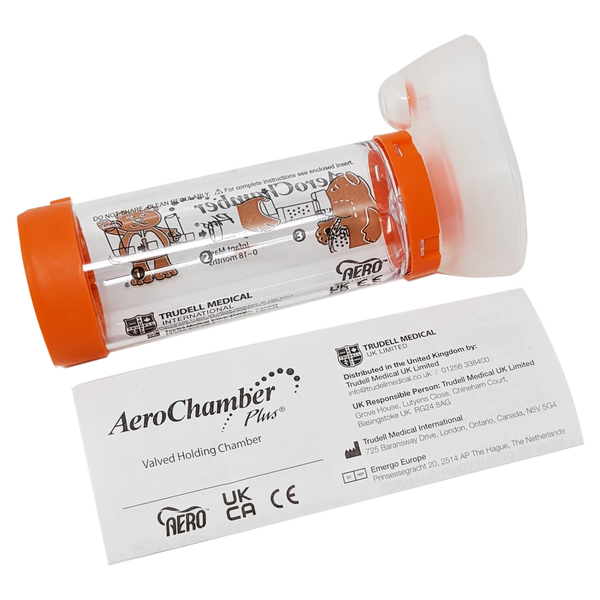 The Aerochamber Infant Orange With Mask by AeroChamber is a valved holding chamber with orange caps and a transparent tube featuring cartoon animals. It includes manufacturer details and medical use text, serving as an ideal spacer device with an optional infant mask for effective inhalation therapy.