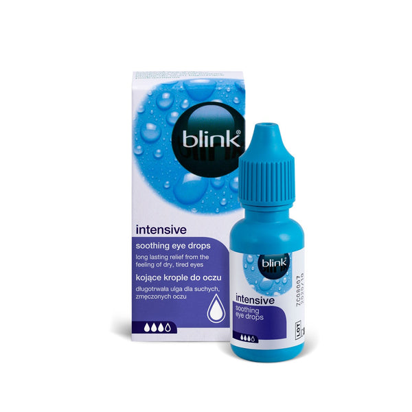 A bottle of Blink Intensive Tears Eye Drops (10ml) is in front of its box, offering tear film stability and relief for dry eyes. The blue packaging features water drop graphics and text in English and Polish, highlighting long-lasting comfort for tired eyes.