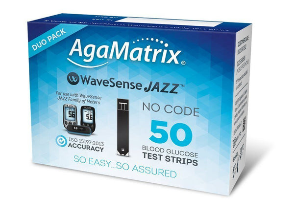 The AgaMatrix Wavesense Jazz Test Strips, 50 STRIPS DUO PACK, are ideal for monitoring blood glucose. The packaging emphasizes NO CODE and ISO 15197:2013 ACCURACY, featuring a black strip and glucometer image.