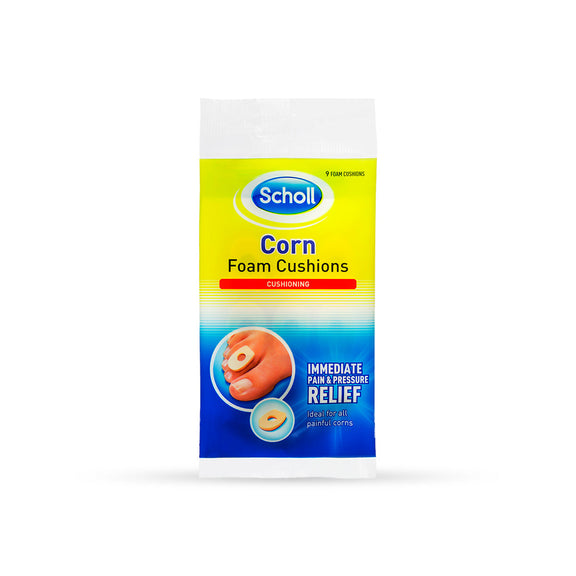 The Scholl Corn Foam Cushion package, featuring a vibrant yellow and blue design with branding, showcases an image of the dual-layer cushion on a toe. It provides immediate pain and pressure relief for corns on sensitive skin and contains nine cushions.