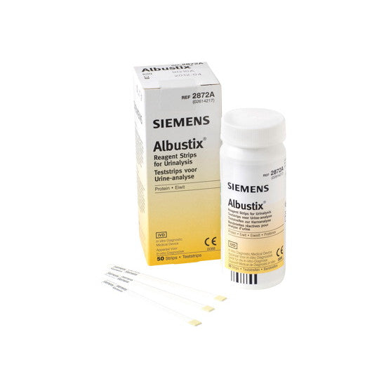 The image shows Albustix Urine Protein Test Strips (50 Strips) by Albustix. A white bottle is next to its matching yellow and white box, with three strips laid out in front. Ideal for monitoring renal health, the labels are multilingual and help assess protein levels in urine.