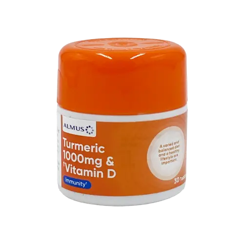 An orange and white Almus Tumeric and Vitamin D 400iu Tablets (30 Tablets) container promotes joint health, a balanced diet, and a healthy lifestyle.